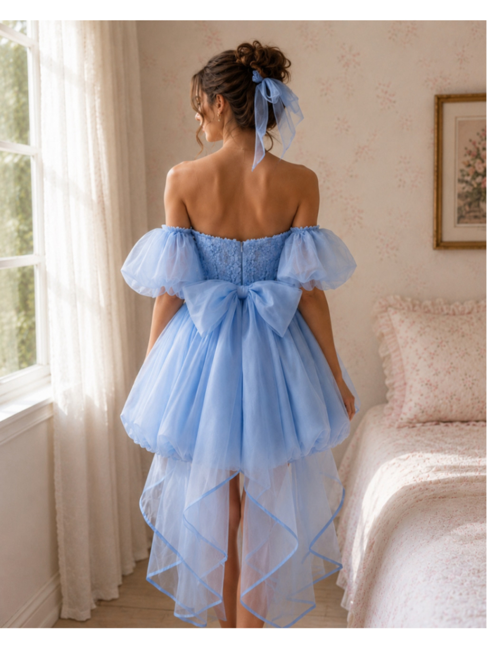 Faeriesty Powder Blue 3D Floral Balloon Mini Dress XS Coquette Bow - Picture 2 of 8